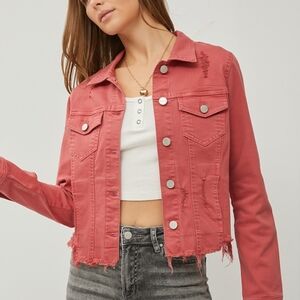 RISEN Distressed Red Jean Jacket Cropped Raw Hem Denim Long Sleeve Button-Up